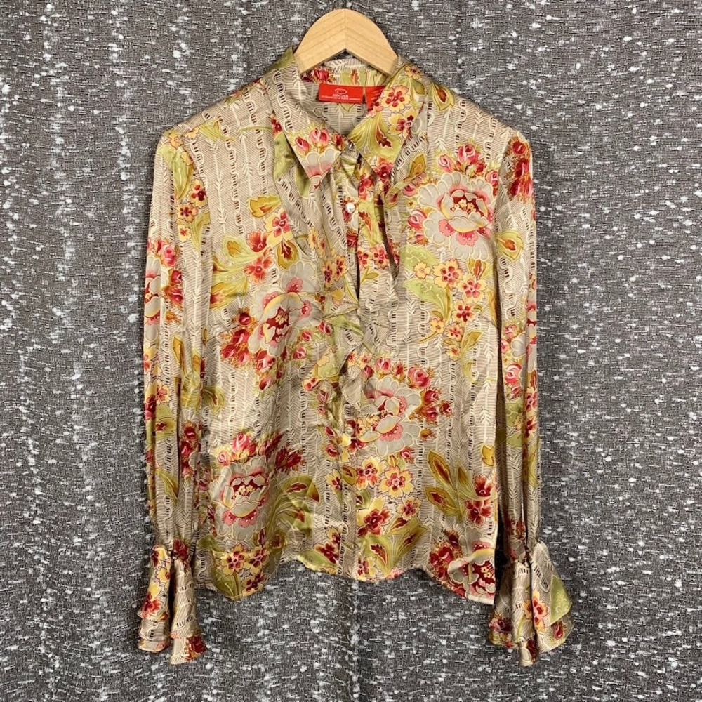 Oscar de la Renta Silk Floral Print Blouse Ruffle Button Up Coquette Women's 12
